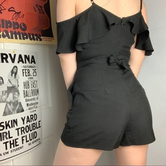 Francescas Black Cold Shoulder Ruffle Romper - Picture 3 of 7